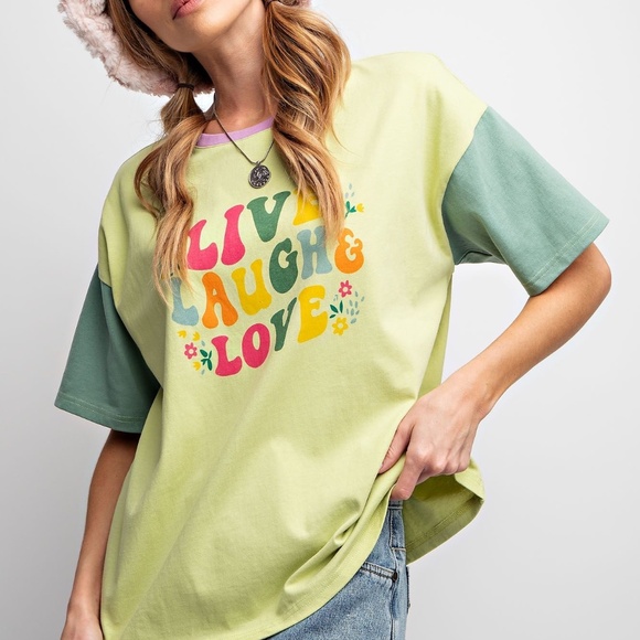 NEW EASEL LIVE LAUGH AND LOVE PRINT WASHED COTTON JERSEY TOP SHIRT SMALL GREEN - Picture 3 of 5